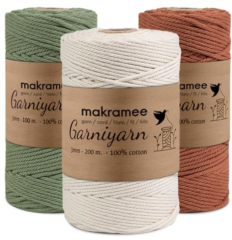 GARNIYARN macrame 3mm diametre corde creation, Écru, Terre Cuite et Sauge