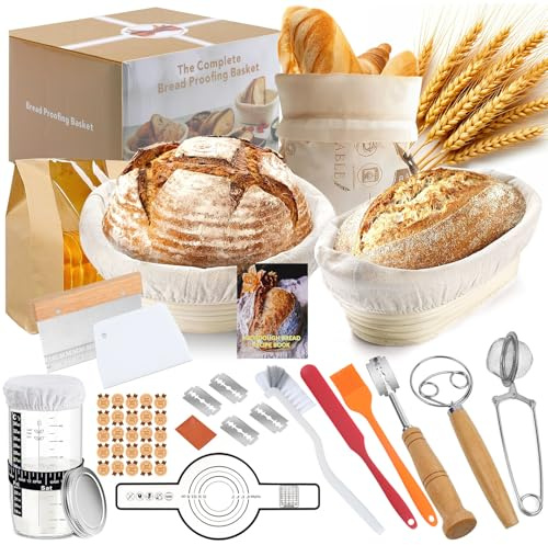 GEEKHOM Sauerteig Starter Set mit 2 Gärkörbchen - 12-Teilige Brot Backen Zubehör - Inkl. 2 Gärkorb (23cm Rund & 25 Cm Oval), Gärglas 650ml, Teigschaber - Sauerteigbrot Komplettset Für Anfänger