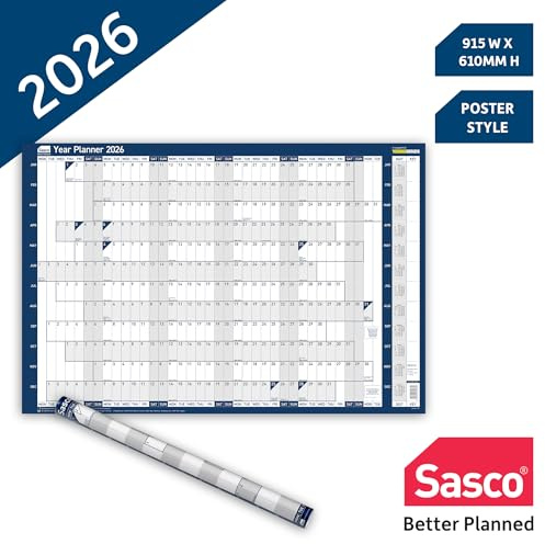 Sasco 2026 Wall Planner, Poster Style Year Calendar with Wet Wipe Pen & Stickers, 91.5x61cm, Blue, Wall Calendar 2026 UK and ROI Holidays Marked, Designed for Office, Home, School, and Family Use