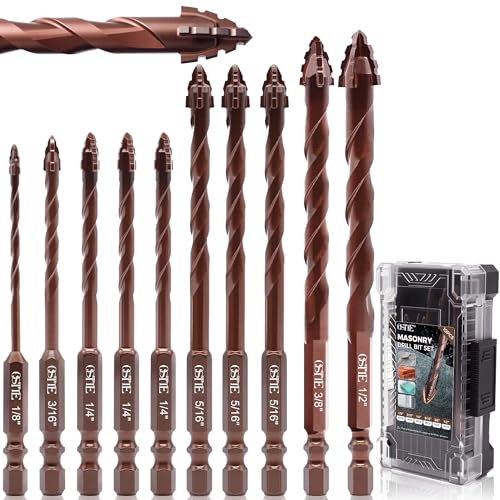 Masonry Drill Bit Set 10 Pcs (1/8-1/2), Four Blade Serrated Eccentric YG6T Carbide Drill Bits for Concrete, Cement, Brick, Tile, Marble, Glass and Wood, 1/4 Hex Shank, with Storage Case, Brown