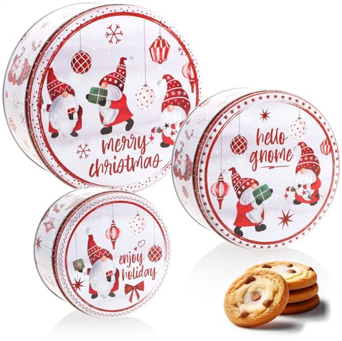 com-four® 3x boîtes de rangement en métal – boîtes à biscuits empilables avec lutins de Noël & inscriptions – contenants pour biscuits, gâteaux & confiseries (3 pièces - Gnomes)