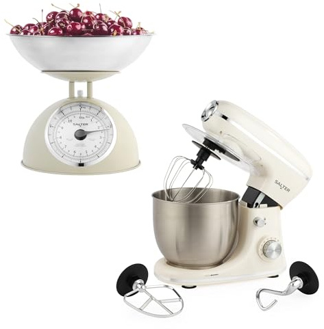 Salter Stand Mixer & Analogue Scale Set – 5kg Cream Mechanical Kitchen Scale with 2L Dishwasher Safe Bowl, 1300W 5L Electric Food Mixer with Dough Hook, Beater & Whisk, 8 Speed Settings, Retro Design