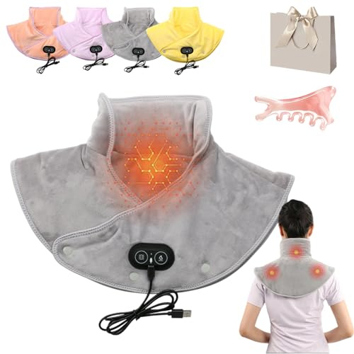 Massage-Wärmekissen, Akku Heizkissen mit Usb mit 3 Heizstufen & 3 Vibrationsmodi, Nackenwärmer in Korallenvlies with Shiatsu Vibration für Rücken & Schultern (Grau)