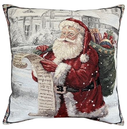 Home of Christmas Hochwertiger Gobelin Kissenhülle für Weihnachten 45x45 cm | Kissenbezug | Weihnachtskissen | Sofakissen | Wertige Dekokissen (Weihnachtsmann mit Liste)