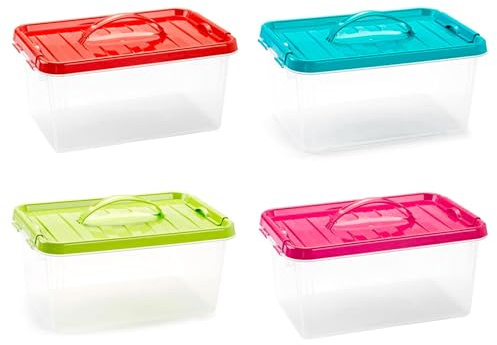 Tradineur - Pack de 4 cajas de almacenamiento con asa, nº 22, plástico, contenedor, juguetes, libros, ropa, fabricada en España (8 litros - 22,5 x 34 x 15,5 cm - Tapa surtida)