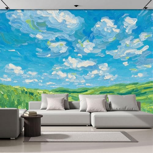 Papel Pintado Panorámico 250An×175Al cm Campos Pintura Al Óleo Tejido No Tejido Papel Tapiz Fotomurales,Decoración De Pared Naturaleza Cielo Murales Diseno Fotográfico Dormitorio Salón Azul