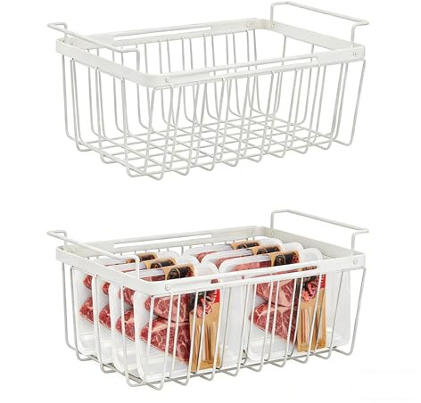 mumisuto Paquete de 2 Cestas Para Congelador,Cajas de Almacenamiento de Congelador con Asa,Cestas Colgantes Apilables Extensibles Alimentos Organizador Nevera para Cocina,39-59.5*17.5*17CM (Blanco)
