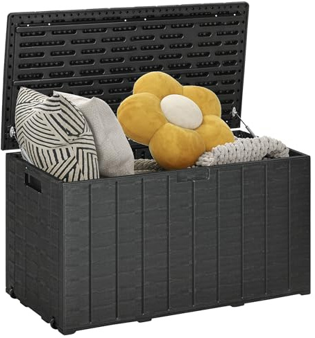 Outsunny Gartenbox 366 Liter aus Kunststoff doppelwandiger Wasserdicht | Kissenbox mit Rollen, Griffmulden, UV-beständig, Auflagenbox in Holzoptik, 100 kg belastbar, für Balkon Terrasse