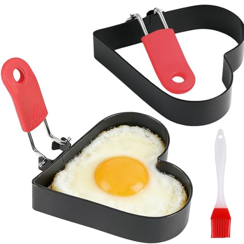 Mikqky 2 Piezas Anillos de Huevo en Forma de Corazón con Mango Resistente al Calor y Cepillo de Aceite, Anillos de Huevo de Acero Inoxidable, Moldes para Cocinar Huevos Fritos, Panqueques, Omelettes