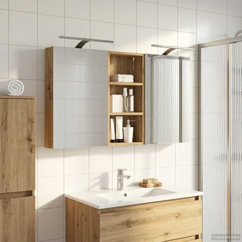 GeenYuu Set di armadietti da bagno in legno, 3 pezzi, 110 x 10,5 x 60,5 cm, con due ante e ripiani, montaggio a parete, illuminazione a LED, specchio bidirezionale per mobili da bagno, mobiletto