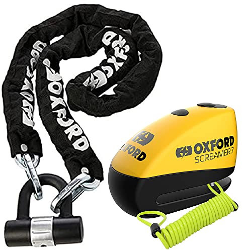 Oxford OF159 H D Motorbike Chain Lock + Screamer 7 Alarm Disc Lock Yellow/Black LK290 + Free Reminder Cable 1.5M