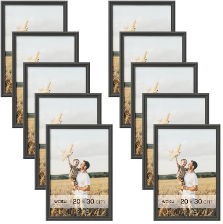 WOLTU Bilderrahmen 20x30, 10er set, Massivholz Fotorahmen mit Passepartout | Schwarz, Front aus PS-Platte, Posterrahmen zum vertikalen oder horizontalen Aufhängen und Aufstellen, Collage Wanddeko