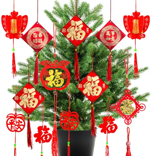 Mauts Chinese New Year Decorations Ornaments Chinese Knot Pendant Red Hanging Ornaments,Lucky Fu Pendants for New Year Home tree Car ornaments