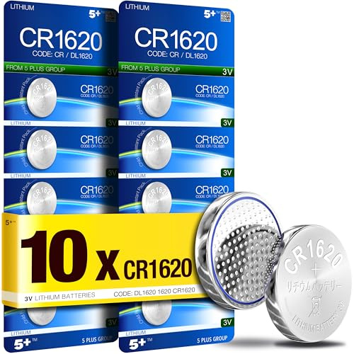 5Plus 10-Pack CR1620 3V Lithium Batteries – Compatible with CR1620, DL1620, ECR1620 – Ideal for Key Fobs, Scales, Toys, LED Lights, Car Keys, Wearables & Medical Devices