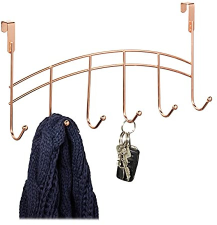 Relaxdays 1 x Türgarderobe, 6 Haken, zum Einhängen, Metall, Türhakenleiste Flur, Schlafzimmer, Bad, HxBxT: 20 x 40 x 9 cm, kupfer