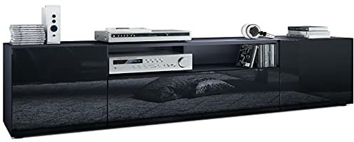 Vladon TV Board Mogan 181 x 39 x 35 cm, langes Lowboard mit 6 Fächern, Korpus in Anthrazit Matt, Fronten in Schwarz Hochglanz