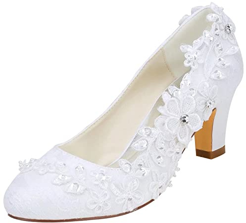 Emily Bridal Brautschuhe Frauen Seide wie Satin Stämmiger Absatz Absatzschuhe mit Stich Spitzen Blume Kristall Perle
