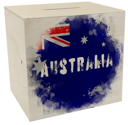 Spardose aus Holz mit Australien-Flagge im Used Look - Sparschwein für Urlauber eine schöne Sparbüchse mit der australischen Nationalflagge verziert um auf die Reise nach