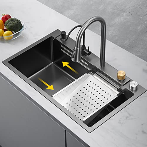 HGTRH Fregadero Negro 1 Seno y Escurridor, Fregadero Cocina 1 Seno sobre Encimera, Fregadero Bajo Encimera Negro INOX, Fregadero Bajo Encimera INOX Brillo con Conjunto Completo de Accesorios