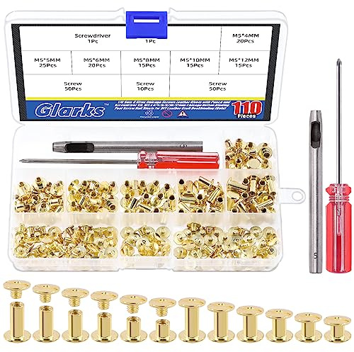 Glarks Chicago-Schrauben, Ledernieten mit Stanzer und Schraubendreher-Kit, M5 x 4/5/6/8/10/12 mm, Chicago-Knopf-Bindungspfosten, Nagelnieten für DIY-Lederhandwerk, Buchbinderei, 110 Sets in 6 Größen