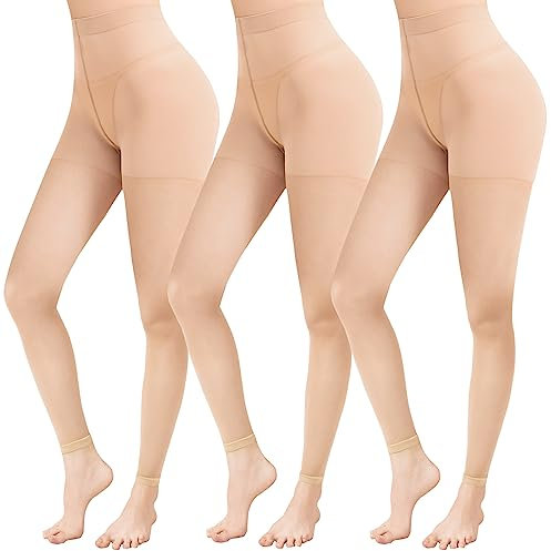 WAKUNA 3 pairs 20D Women's Footless Tights,Sheer Legging and Dance Compression Pantyhose for women Beige-M