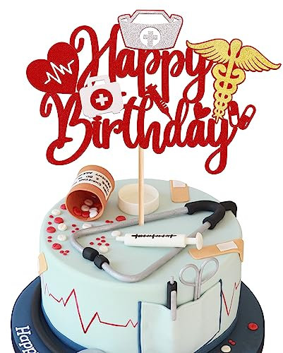 Rsstarxi 1 Packung Glitter Nursing Happy Birthday Cake Topper Doctor Nurse Birthday Cake Decorations Nurse Birthday Cake Pick for Medical Rn Theme Nurse Birthday Party Decor Red