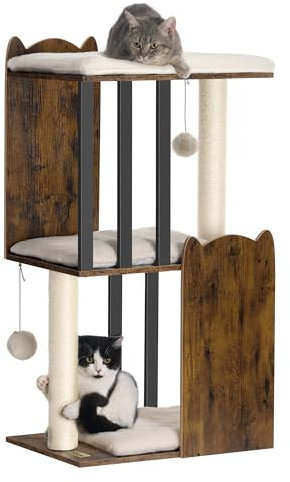 FourFurPets 89,9 cm 3-stöckiger moderner Katzenbaum Turm Condo, Katzenkratzbäume für Indoor-Katzen, großer Teller, zwei Vollsisal-Kratzstämme, rustikales Braun