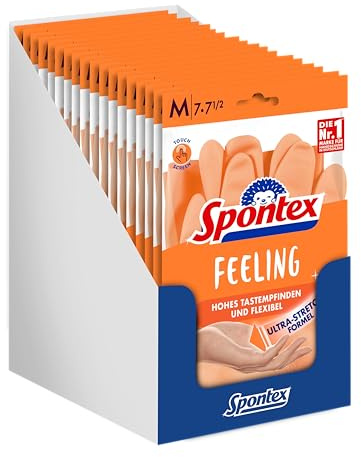 Spontex Feeling Haushaltshandschuhe, 18 Paar, für alle feinfühligen Putz- und Pflegearbeiten im Haushalt, hohes Tastempfinden, Größe M (18 x 1 Paar)