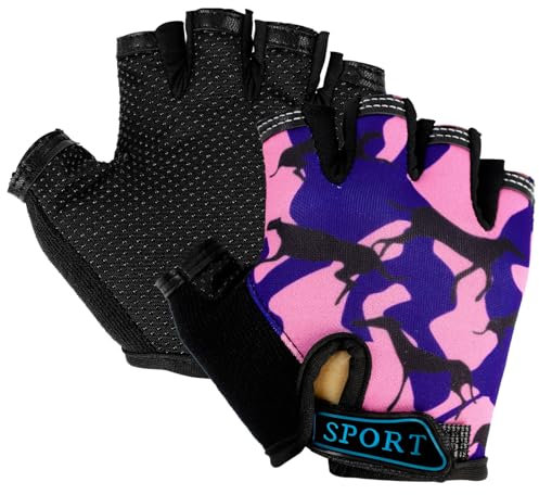 Mecmbj Kind Halb Finger Fahrradhandschuhe, Kinder Sport Handschuhe, rutschfeste Kindersporthandschuhe, zum Radfahren, Bootfahren, Yoga, Skaten, Klettern - Tarnrosa (Anwendbare Alter: 6-12 Jahre)
