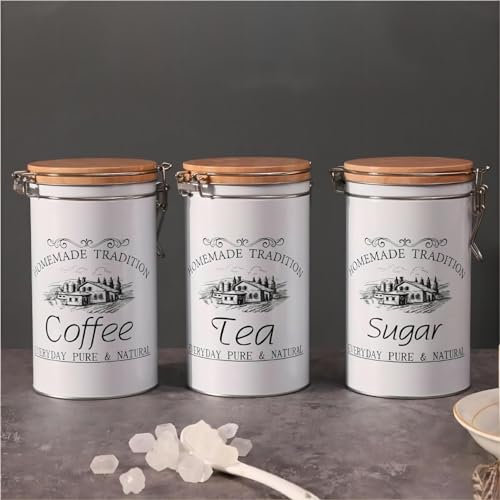 Tuzsocr Lot de 3 Boîtes en Métal pour Café, Thé et Sucre, Boîtes de Rangement Vintage avec Couvercles Hermétiques, pour ranger vos sachets de thé,cubes de sucre et grains de café ou poudre préférés