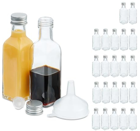 Relaxdays kleine Flaschen, 24er Set, 100 ml, Glasflaschen zum Befüllen, Schraubverschluss & Korken, transparent/silber