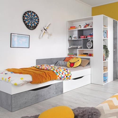Lomadox Jugendzimmer Set 2-teilig mit Jugendbett 90x200cm, begehbarer Kleiderschrank in Beton und weiß modern