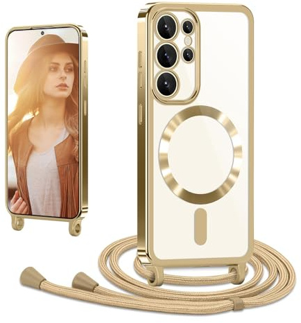 CaseLover Magnetische Handyband für Samsung Galaxy S24 Ultra Hülle mit Band Klare Silikon Handyhülle mit Kordel zum Umhängen Stossfest Kameraschutz Bumper Schutzhülle für S24 Ultra 5G, Gold