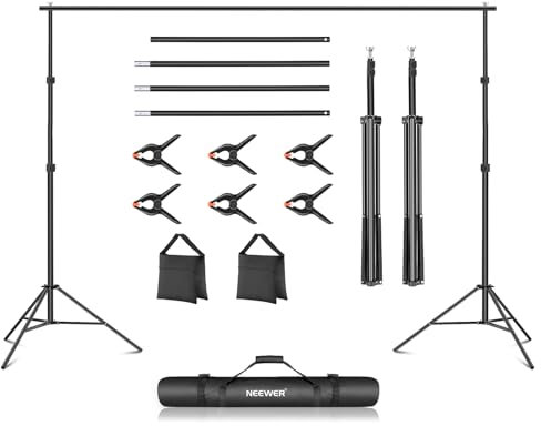 NEEWER Support de Toile de Fond de 3 x 2,1 m, système de Support réglable pour Studio Photo de Mariage avec 4 Barres transversales, 8 Pinces, 2 Sacs de Sable Noirs et Sac de Transport