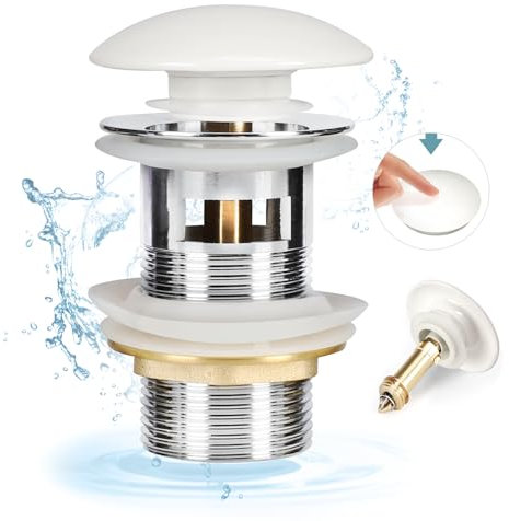 HOISGEAR Bonde Lavabo avec Trop-Plein, Bonde de Lavabo Pop-up Vidage Salle de Bain Bonde Clic Clac avec Couvercle en Céramique pour Vasque Salle de Bain, Universelle Standard-G 1 ¼, Finition Blanc