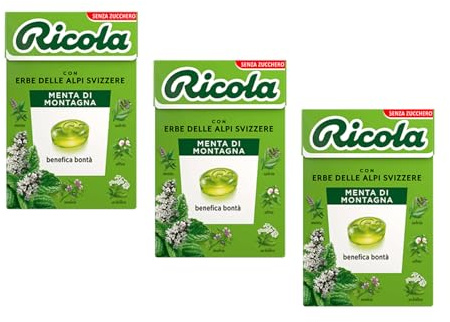 Ricola® | Menta de montaña | Dulces de hierbas suizas beneficiosos y refrescantes | Caramelos duros sin azúcar - 3 cajas (150 Gr)