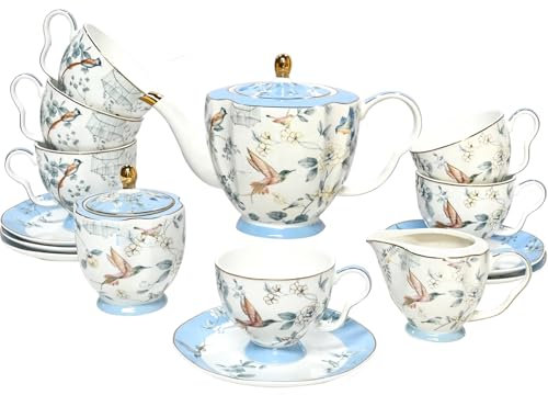 LE POTOCIO Bone China Tea Set, Porcelain Tea Sets for Adults, Blue and White Bone China Tea Cup Set for 6, Vintage Tea Sets for Women Tea Party