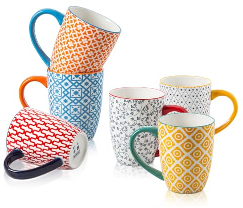 Cerkik keramiska kaffemuggar set – 47 ml stora porslinstekoppar med handtag för kvinnor män kakao latte cappuccino – jul inflyttningspresent – mikrovågsugn diskmaskinssäker – set med 6 – blandade
