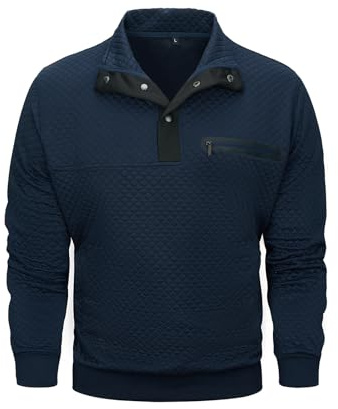AOTORR Men's Quilted Sweatshirt Casual Long Sleeve Stand Collar Pullover Sweatshirt with Pockets