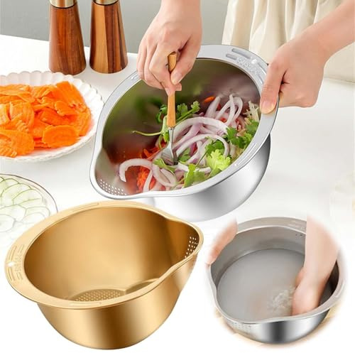 Reis Waschschüssel aus Edelstahl - Lebensmittelechtes Sieb Reis mit Ausgießer - Nudelsieb Edelstahl Sieb Küche zum Waschen & Abtropfen von Quinoa, Obst, Gemüse, Getreide, Bohnen (Gold)