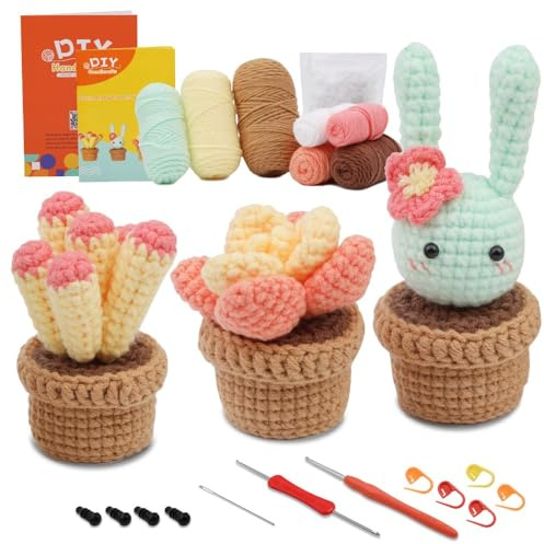 SSDH Kit All'uncinetto per Principianti Kit All'uncinetto Con Cactus in Confezione da 3 Kit All'uncinetto Con Girasoli a Forma di Animale Carino Con Istruzioni e Video Tutorial (Cactus rosa)