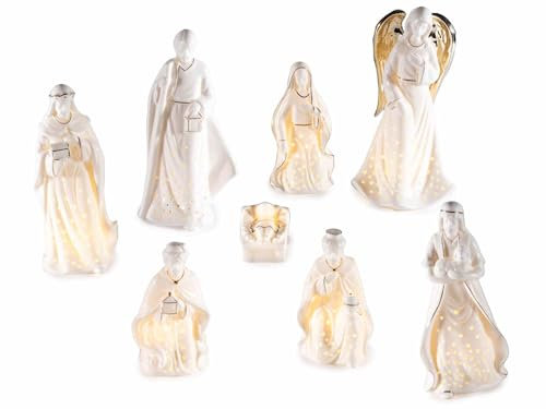 Gruppo Maruccia - Statuine per il Presepe in Porcellana Bianca e Oro con Luci Led - Set da 8 Personaggi Natività