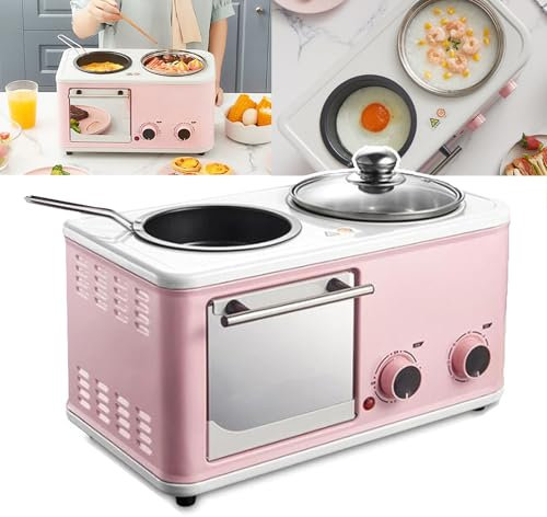 HEGGMKK Machine À Petit-déjeuner 4 en 1, avec Four De 5 L + Marmite Électrique De 1 L + Poêle Antiadhésive, Minuterie De 60 Minutes, 1 Machine À Usages Multiples, pour La Maison,Pink