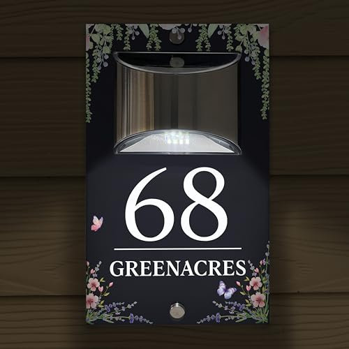 Custom Signs Solar Illuminated Modern Anthracite Grey House Number Sign 24cm x 14.5cm Flower Border Design