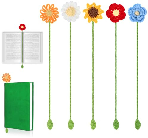 5 Stück Gänseblümchen Lesezeichen Häkeln Blumen Lesezeichen Gestrickter Blumenornamente Lesezubehör Geschenke für Buchliebhaber Leser Lehrer Studenten Frauen