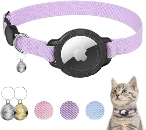 NozlaID AirTag Katzenhalsband, Dehnbares Halsband Katze mit Glocke | Katzen Tracker Halsband mit Apple Airtag Hülle, Langlebig und Passend für Kätzchen, Katzen und Welpen (Lila)
