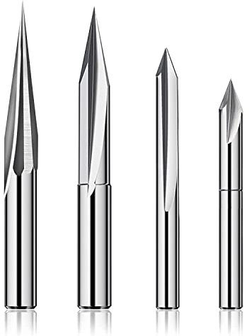 Kueohse Juego de fresas CNC de 1/4 vástago, grabado de madera de 6 mm y 4 mm, ranura en V, punta de perfil, acero de tungsteno, 4 unidades