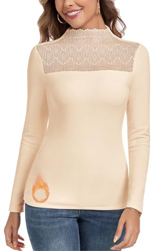 WOWENY Thermo Maglia a Maniche Lunghe da Donna con Colletto Alto in Pile, Top Eleganti e Caldi, con Scollo a V, per Autunno e Inverno, beige., M