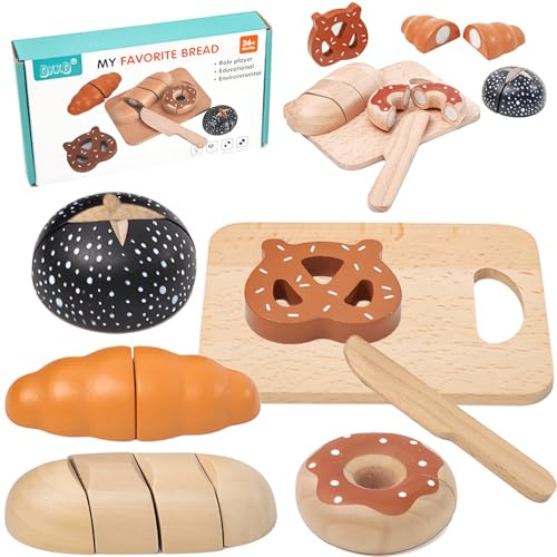 DxxD Kinderküche Spielküche Zubehör Holz Lebensmittel zum Schneiden, Küchenspielzeug Brot Kinder, Bäckerei Montessori Spielzeug Einkaufsladen, Rollenspiele Geschenk für Mädchen Jungen ab 3 4 5 Jahre