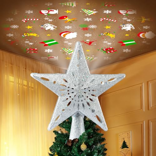 Christmas Tree Topper Lighted with 6 Patterns Projector, Christmas Star Tree Topper Built-in 3D Glitter LED Rotating Lights, Hollowed Christmas Tree Ornament for Xmas Party Holiday Decoration(Silver)